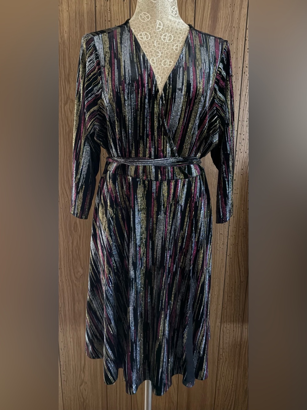 torrid Black Metallic Stripe Wrap Dress with Gold and red Highlights